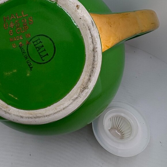 Vintage Hall Rhythm 6-Cup Teapot Emerald Green Gold Rose Mid-Century - Picture 9 of 9